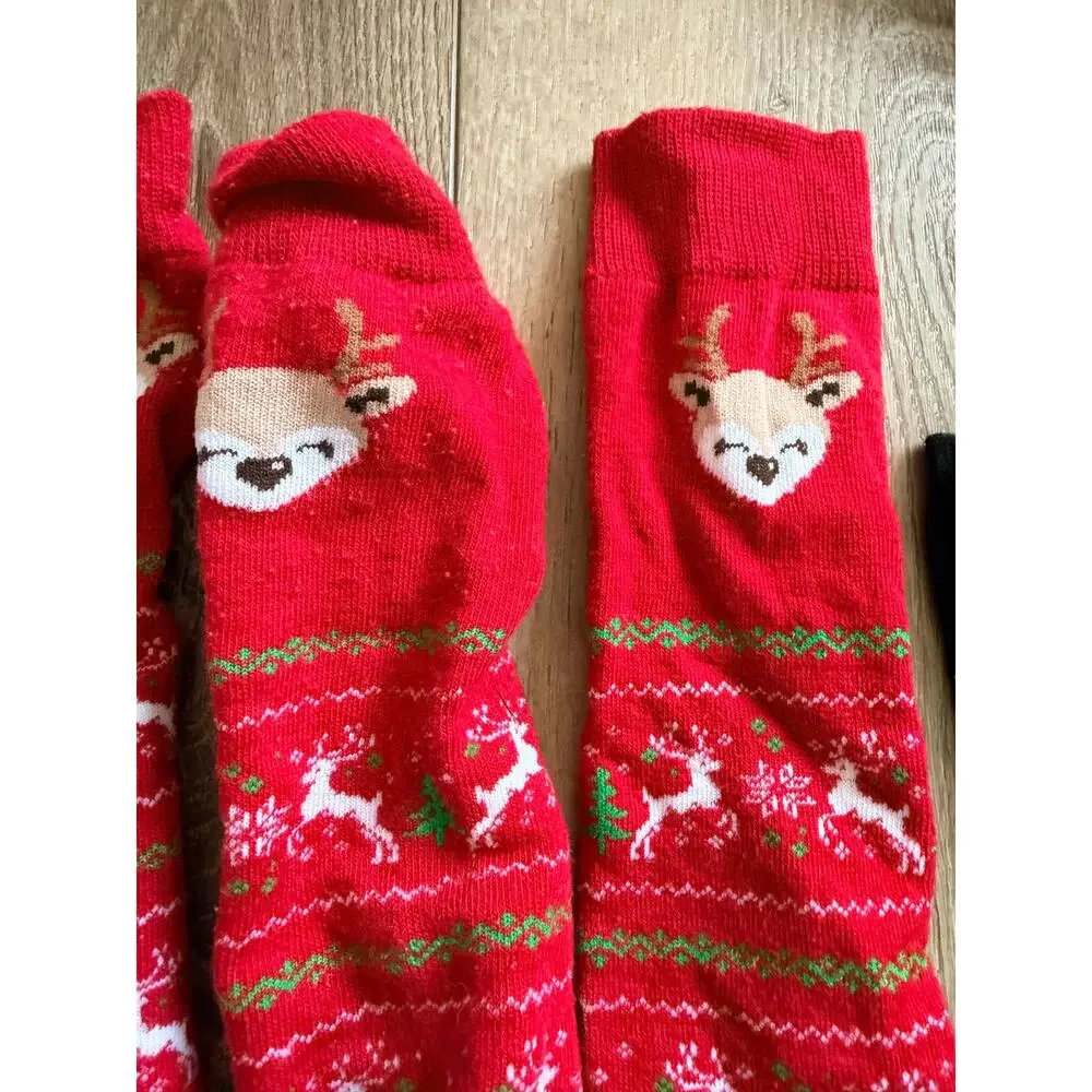 Festive Socks Lot: Red Deer Light-Up & Cat Print (3 Pairs)